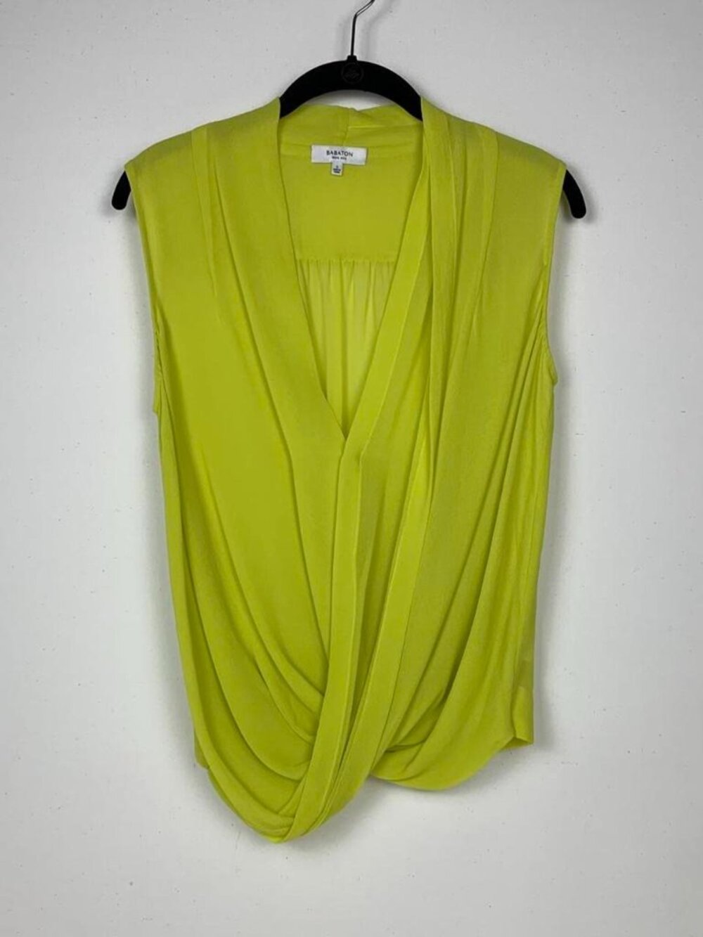 Babaton 100% Silk Crossover Blouse - Vibrant Lime/Chartreuse, Size S/SM - Picture 6 of 8